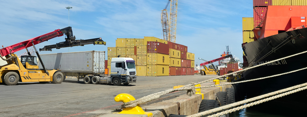 ship cargo with containers and reach stacker